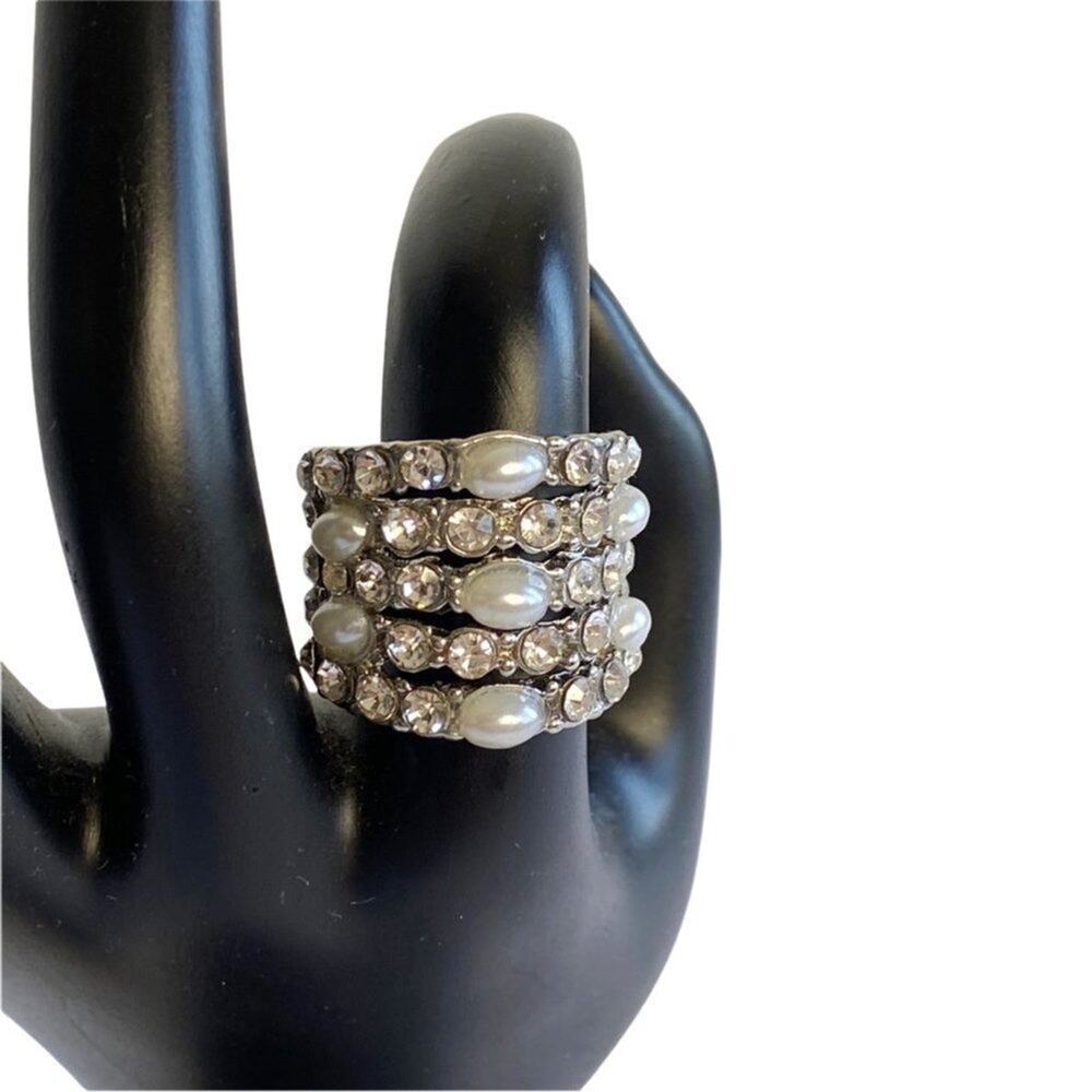 ❤️‎ JUMBO Silver sz 17 & 18 Pearl Rhinestone layer Ring